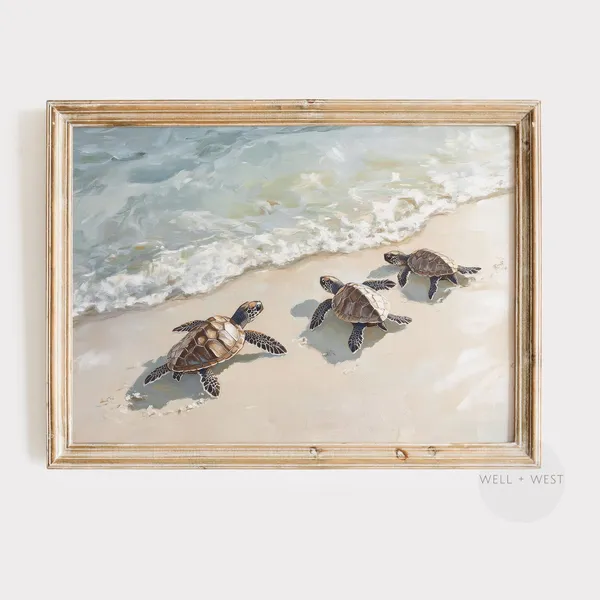 Sea Turtle Print, Vintage Coastal Beach Decor