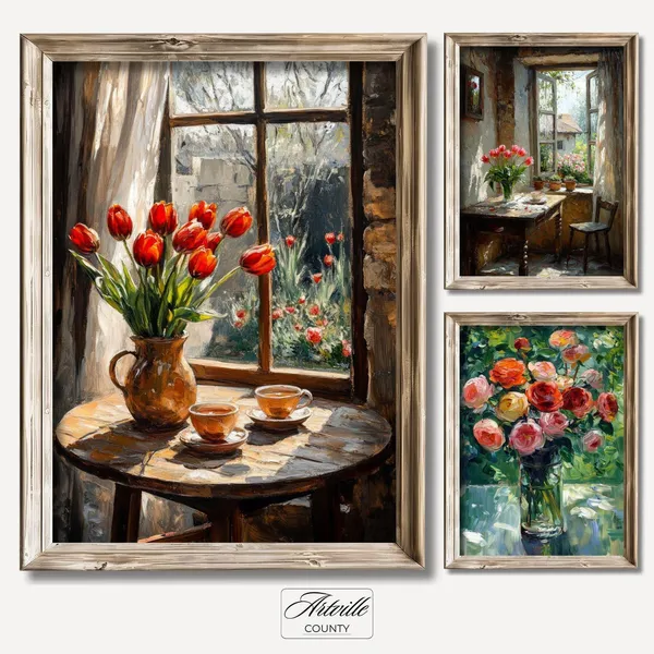 Vintage Spring Print Set of 3, Moody Floral Art Print