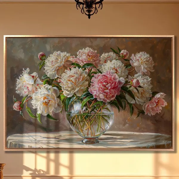 Peonies in Crystal Vase, Modern Floral Art Print