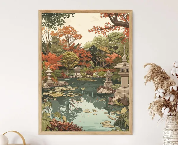 Serene Japanese Garden, Toshi Yoshida Style Art Print