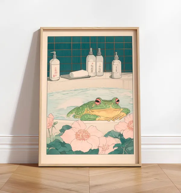 Frog In Bathtub Art Print, Japandi Bathroom Decor
