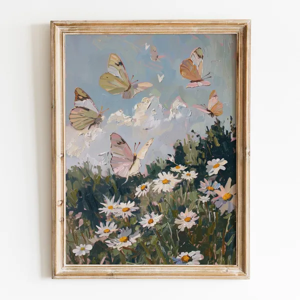 Butterfly and Daisy Spring Flower Poster, Farmhouse