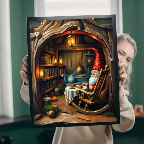 Gnome Home Fantasy Oak Trunk Scene Art Print