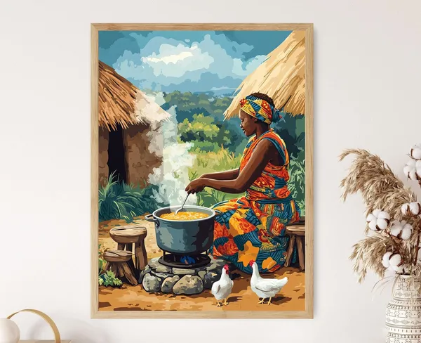 Zimbabwean Woman Cooking Sadza, African Art Print