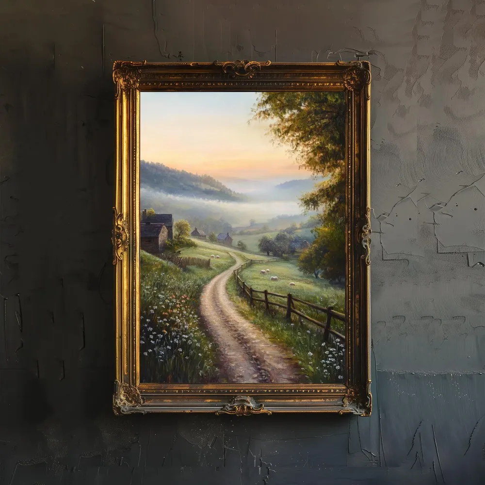 Vintage Misty Meadow Art Print, Classic Countryside