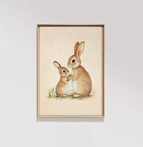 Mother And Baby Rabbit Nursery Vintage Art Print