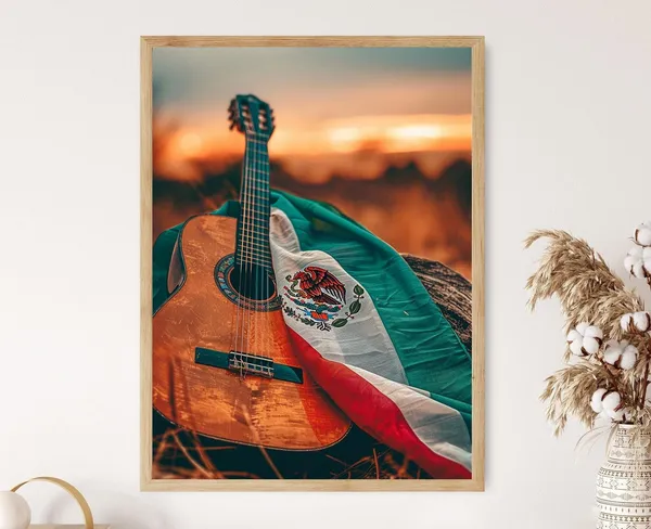 Mexican Flag and Guitar Art Print, Music Poster