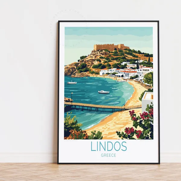 Lindos Greece Travel Poster, Rhodes Home Decor