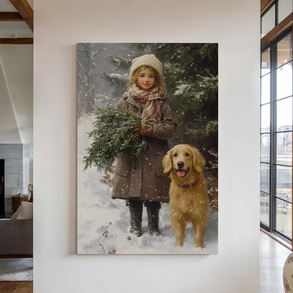 Winter Girl Dog Art Print, Cozy Christmas Scene