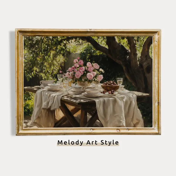 French Countryside Dining, Rustic Garden Table Art Print