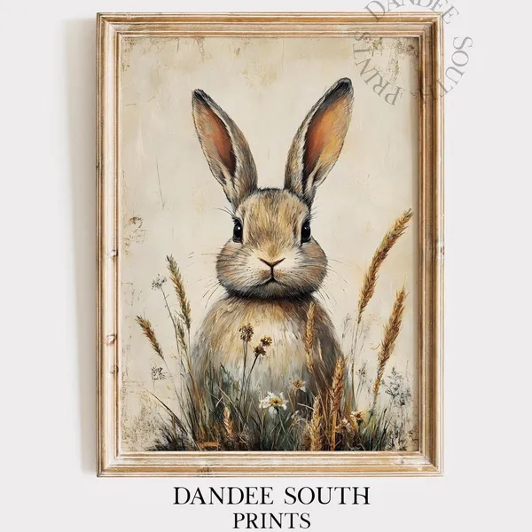 Vintage Bunny Art Print, Rustic Spring Rabbit Decor