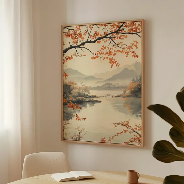 Autumn Lake Japanese Landscape Art Print, Zen Nature