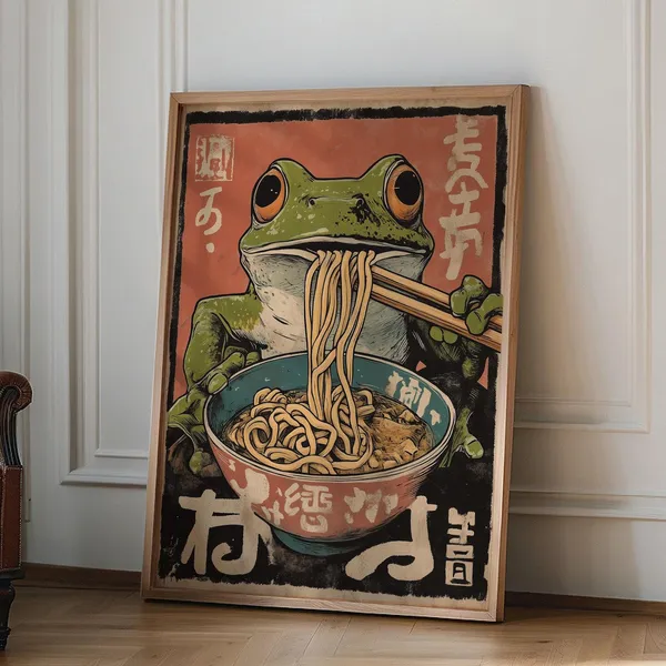 Vintage Frog Eating Ramen Noodles Art Print