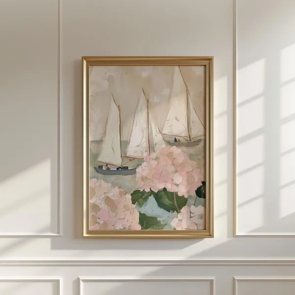 Sailboats and Hydrangeas Coastal Art Print