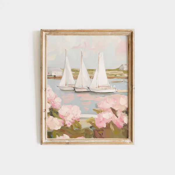 Sailboats Hydrangeas Coastal Wall Art Print