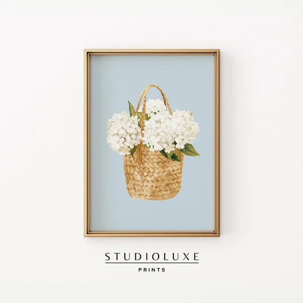 Hydrangea Basket Art Print, Coastal Kitchen Decor