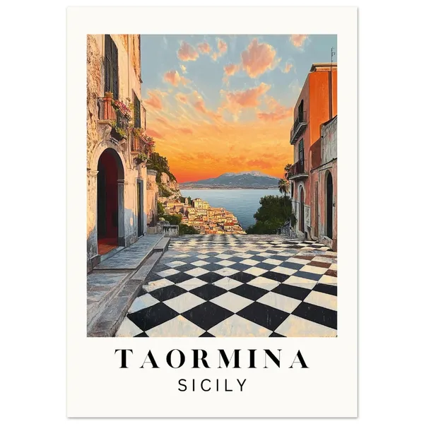 Taormina Sicily Travel Poster, Mediterranean Landscape