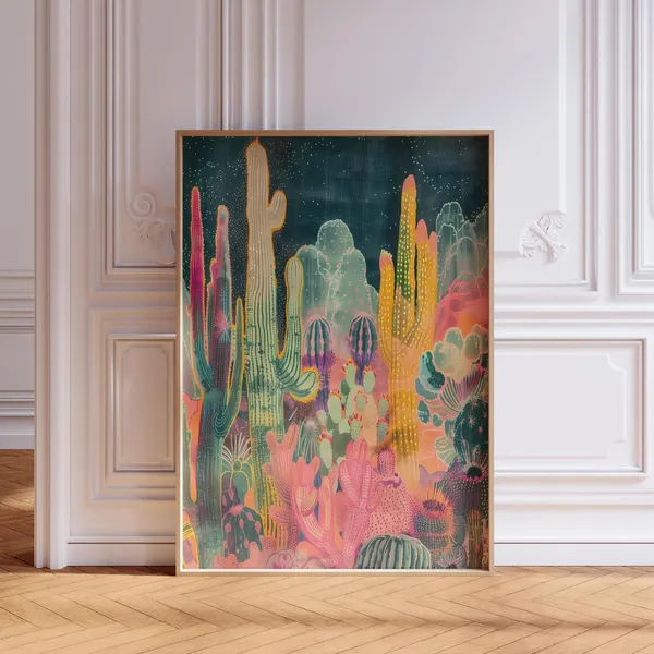 Neon Cactus Garden Art Print, Desert Wall Decor