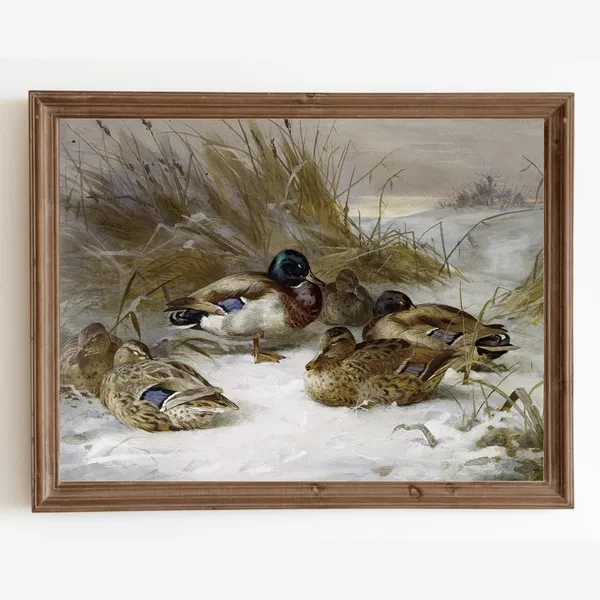 Vintage Duck Winter Snow Landscape Art Print