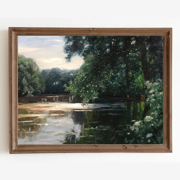 Vintage Pond Landscape, Country Spring Art Print