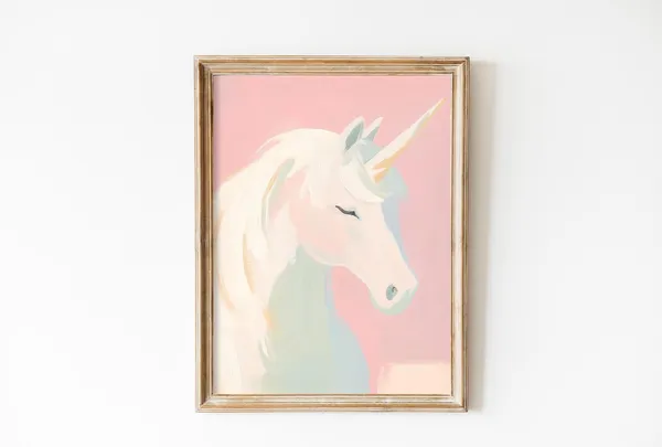 Whimsical Pink Unicorn Art Print, Girls Room Decor