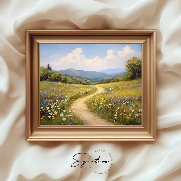 Path Through Wildflower Meadow, Rustic Cottagecore Art Print