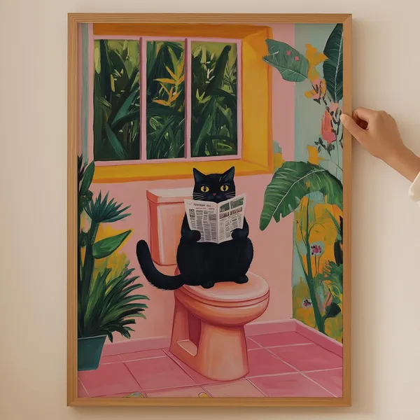 Funky Toilet Cat Poster, Funny Decor Art Print