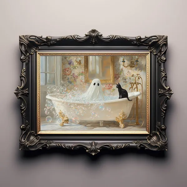 Ghost And Cat In Bathtub Spooky Cute Halloween Poster