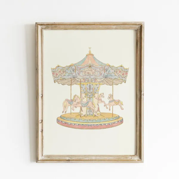 Vintage Pink Carousel Art Print, Botanical Decor