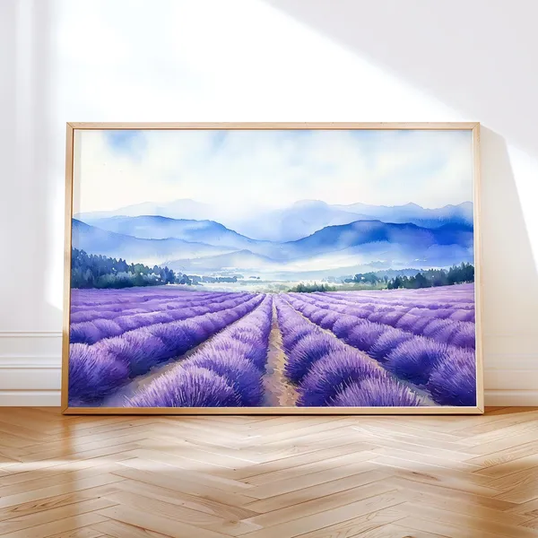 Lavender Field Watercolor Landscape Art Print