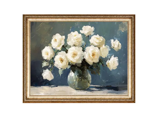 White Roses Oil Painting, Cottage Core Floral Art