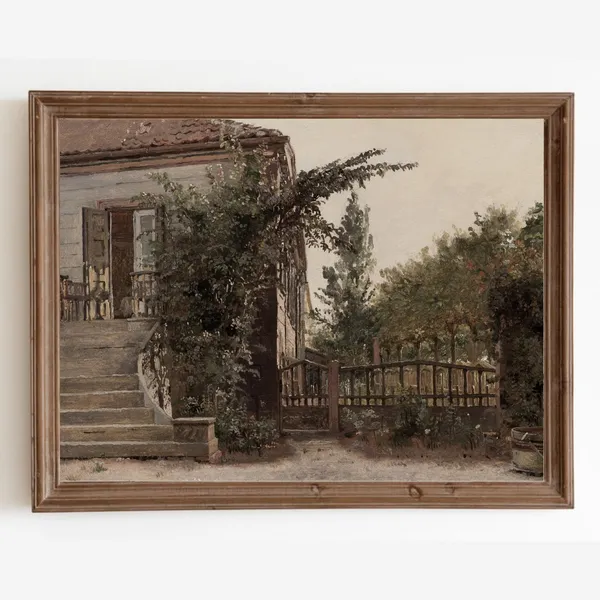 Vintage Farmhouse Landscape Art Print, Neutral Cottage