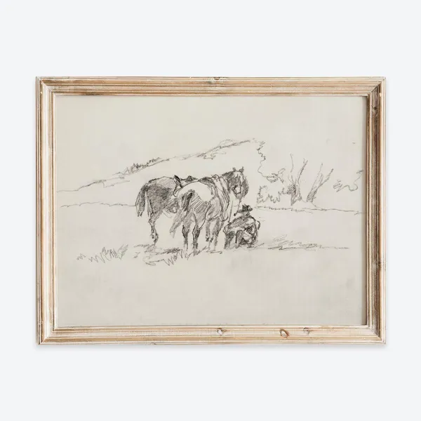 Vintage European Rustic Horses in Nature Sketch Print