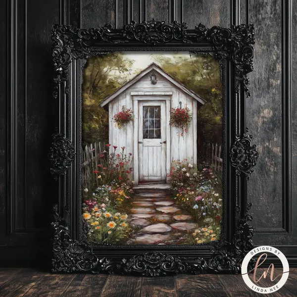 Vintage Garden Cottage, Rustic Farmhouse Art Print