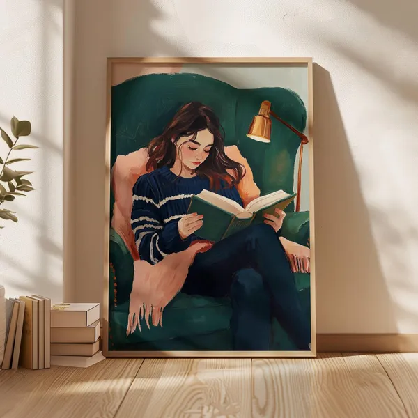 Modern Reading Woman, Minimalist Striped Art Print