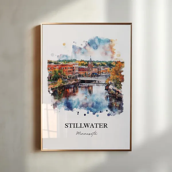 Stillwater MN Watercolor Travel Poster, St Croix River