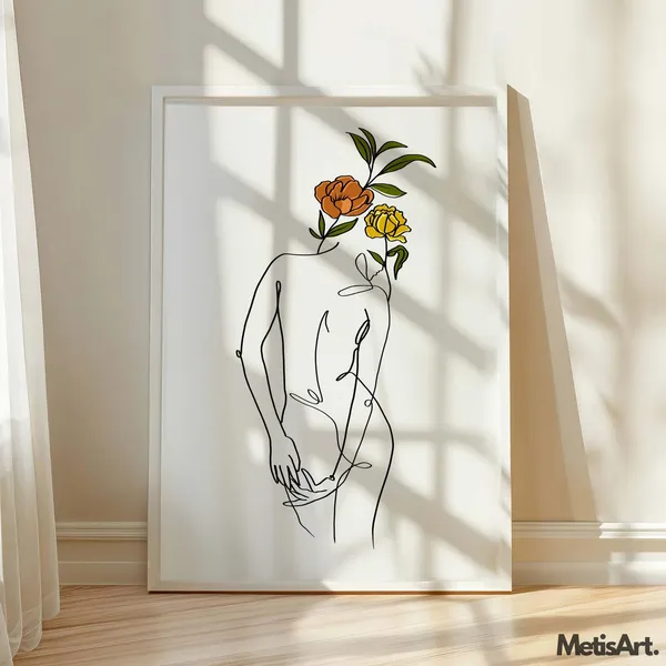 Boho Woman Line Art, Minimalist Floral Poster