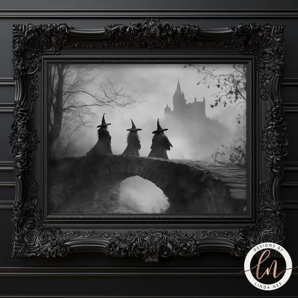 Vintage Witches In The Forest, Gothic Halloween Art Print