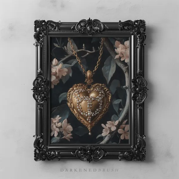 Victorian Gold Heart Locket Art Print, Dark Academia