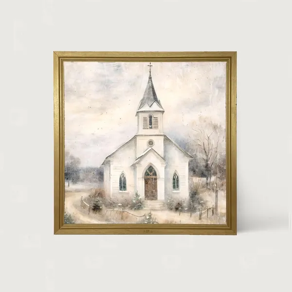 Charming Church In Winter Scene, Christmas Art Print