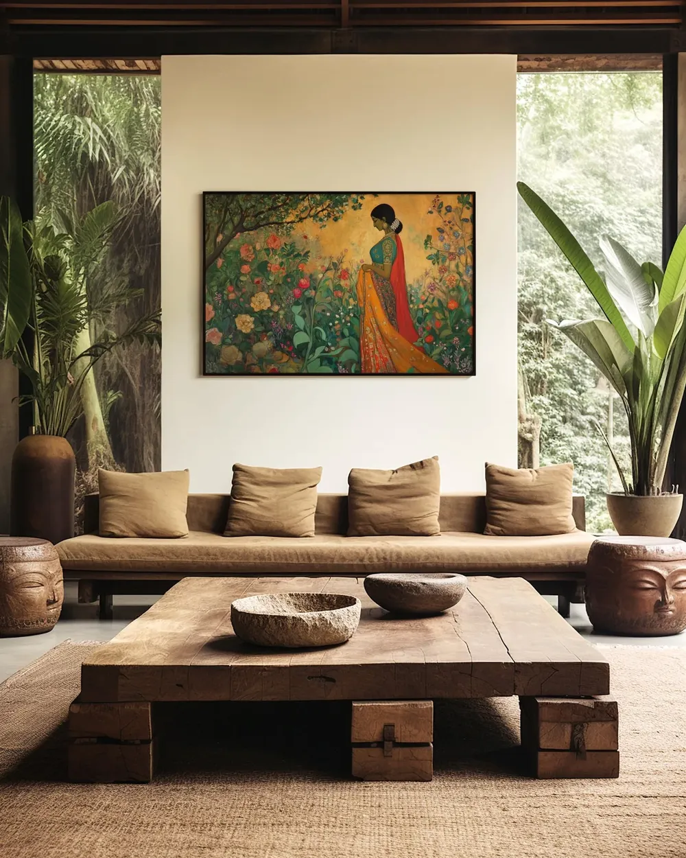 Woman In Garden Print, Ethnic Floral Decor - Image 3