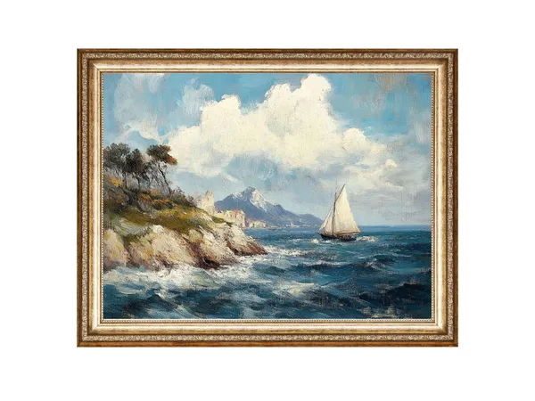 Sailing Boat Coastal Seascape, Vintage Nautical Art Print