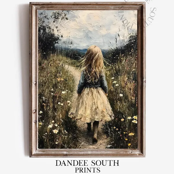 Vintage Little Girl Art Print, Country Path Wildflowers