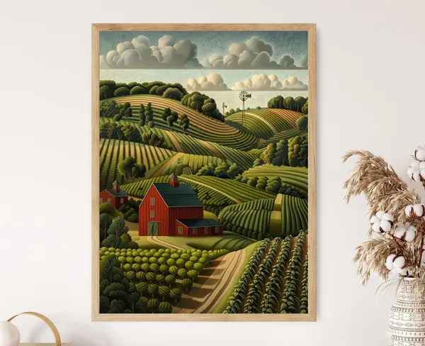 Farmstead With Corn Fields, Grant Wood-Inspired Print