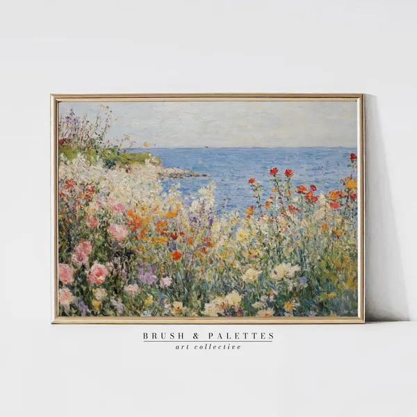 Wildflowers By The Sea Art Print, Coastal Floral Landscape