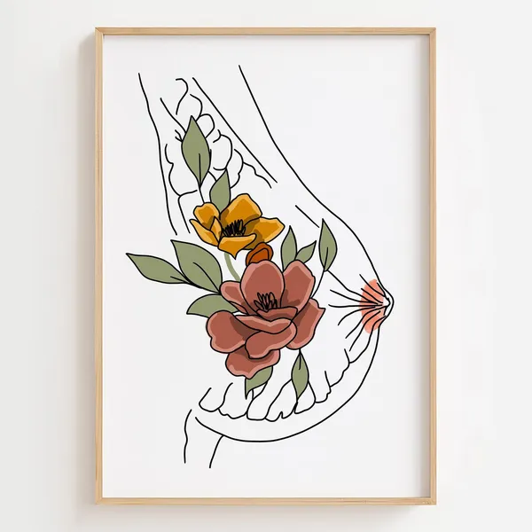 Floral Breast Anatomy Art Print, Cancer Awareness
