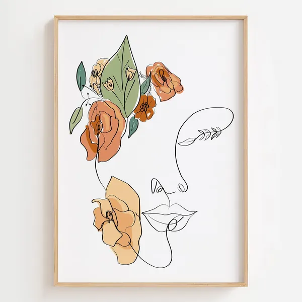 Floral Woman Face Line Art, Minimalist Art Print