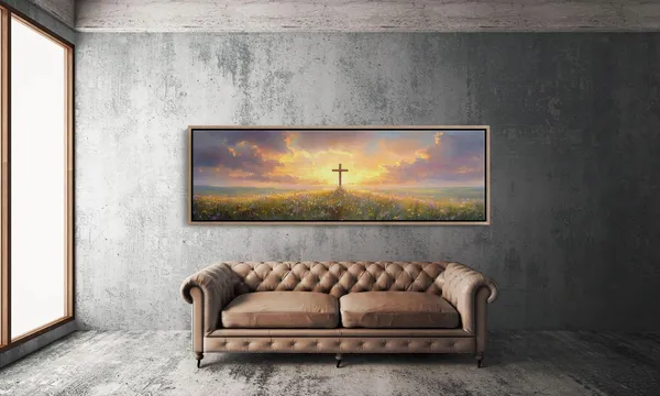 Christian Cross at Sunset, Rustic Faith Hope Print