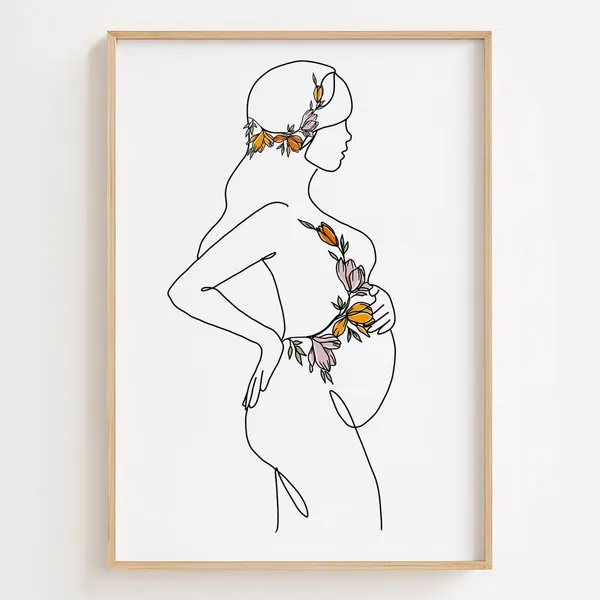 Floral Pregnancy Line Art Print, Motherhood Decor