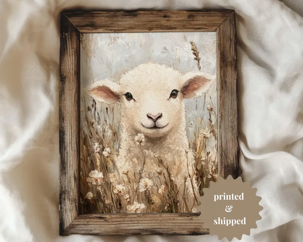 Lamb in Flower Meadow, Vintage Cottage Art Print